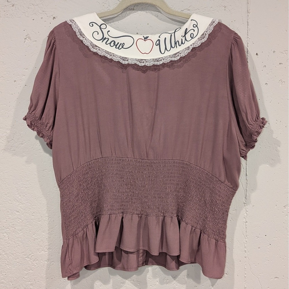 Disney Her Universe Snow White Top Mauve Empire Waist Peplum Smocked Embroidered - Picture 3 of 10